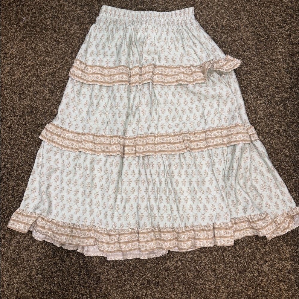 Lightweight Pale Blue Maxi Skirt with Beige Trim